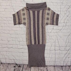 Brown and cream knit sweater dress with a turtleneck and Snowflake winter